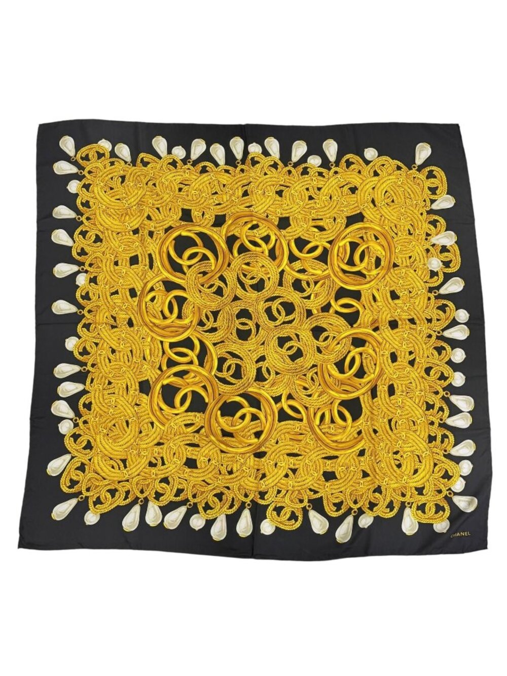 Chanel Vintage Silk 100% CC Logo Chain Pearl Large Scarf Black Gold